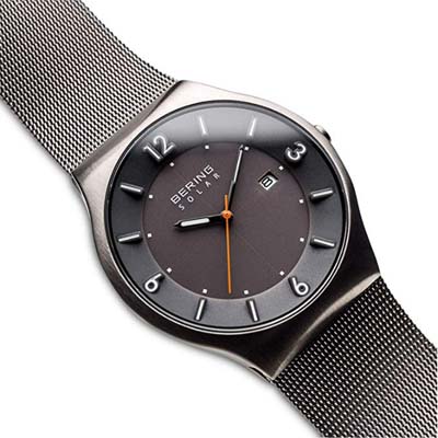 Oblique view of the Bering men's watch with solar function in silver slim design